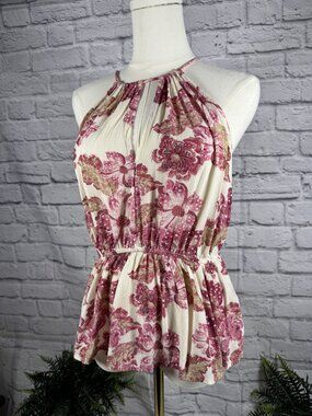 Old Navy Cream Pink Floral Halter Peplum Top M Keyhole Tie Neck Crinkle Boho